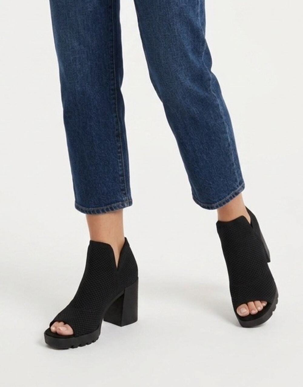 Eileen Fisher Womens Black Knit Peep-Toe Block Heel Ankle Booties Size 10 Shoes